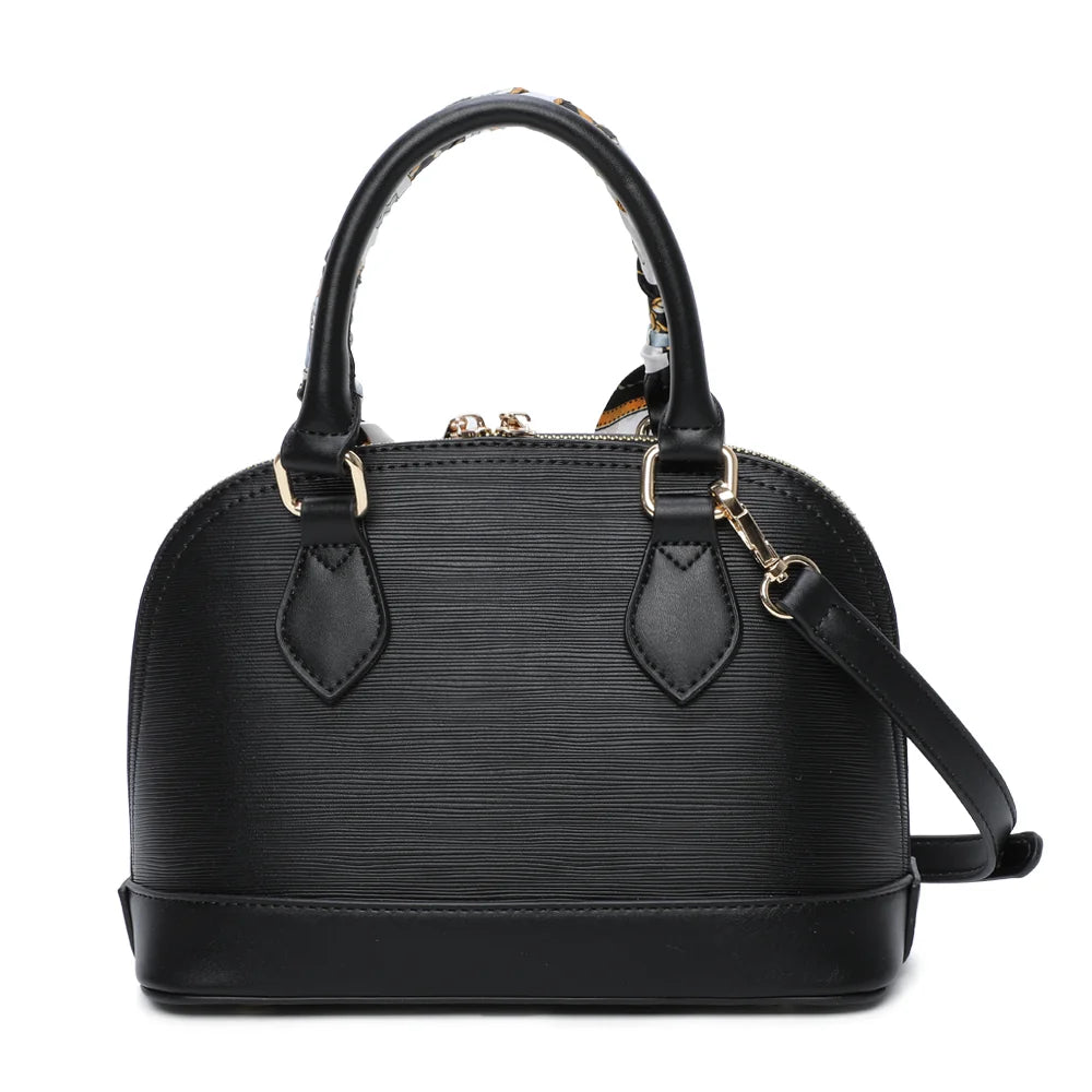 Sac à main femme La Marlowe noir, silhouette bombée et foulard imprimé noué aux anses – Gallantry Paris – réf. DQ-8596