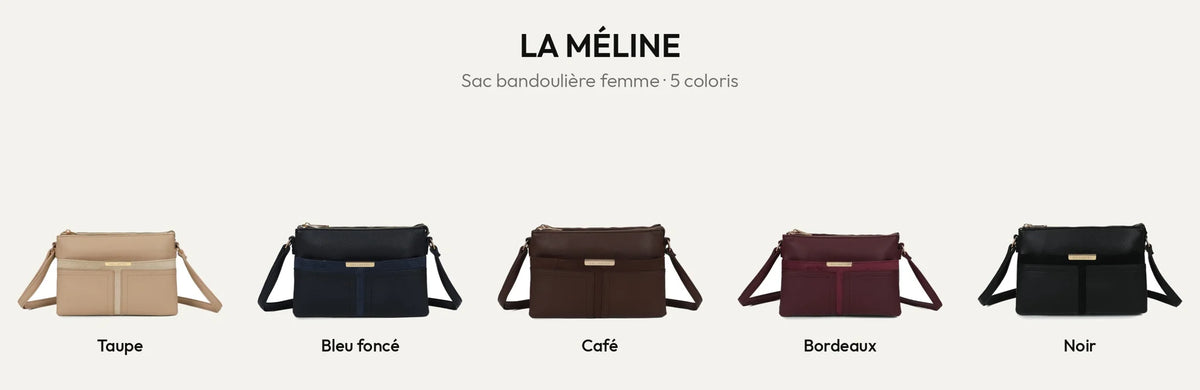 Sac bandoulière La Méline en 5 coloris : Taupe, Bleu Foncé, Coffee, Bordeaux et Noir – Gallantry Paris – réf. A-9175