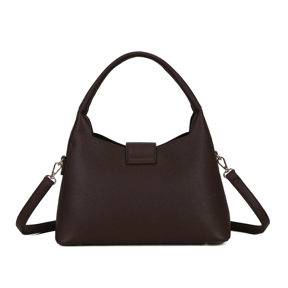 Dos de La Mélisande café : simili cuir grainé uni et grande anse arrondie – réf. KJ-62089-2