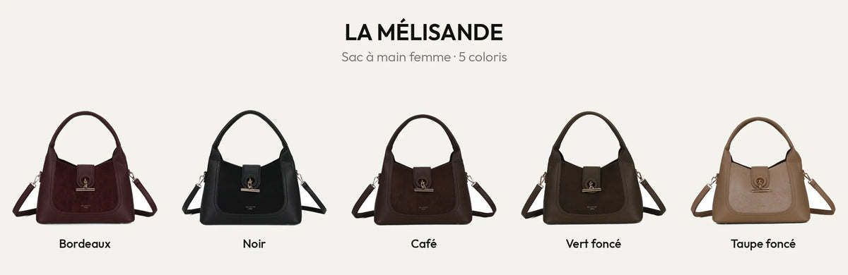 Sac à main femme La Mélisande en 5 coloris : bordeaux, noir, coffee, vert foncé et taupe foncé – Gallantry Paris – réf. KJ-62089-2