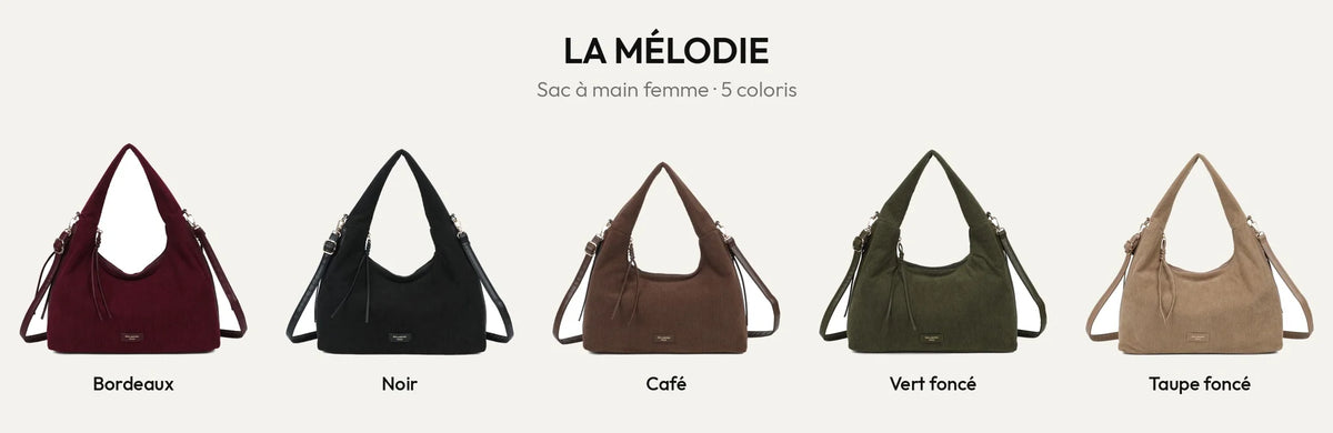Sac à main La Mélodie en tissu côtelé dans ses 5 coloris : bordeaux, noir, coffee, vert foncé et taupe foncé – Gallantry Paris – réf. JC-53010