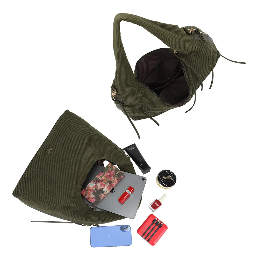 Intérieur de La Mélodie vert foncé : grand compartiment zippé qui accueille tablette et accessoires – réf. JC-53010