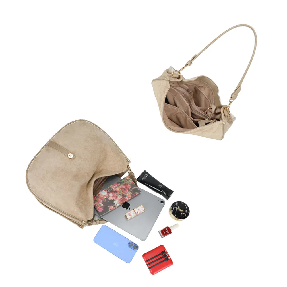 Intérieur compartimenté de La Méorine taupe pour ranger tablette, smartphone et essentiels – réf. JC-53001