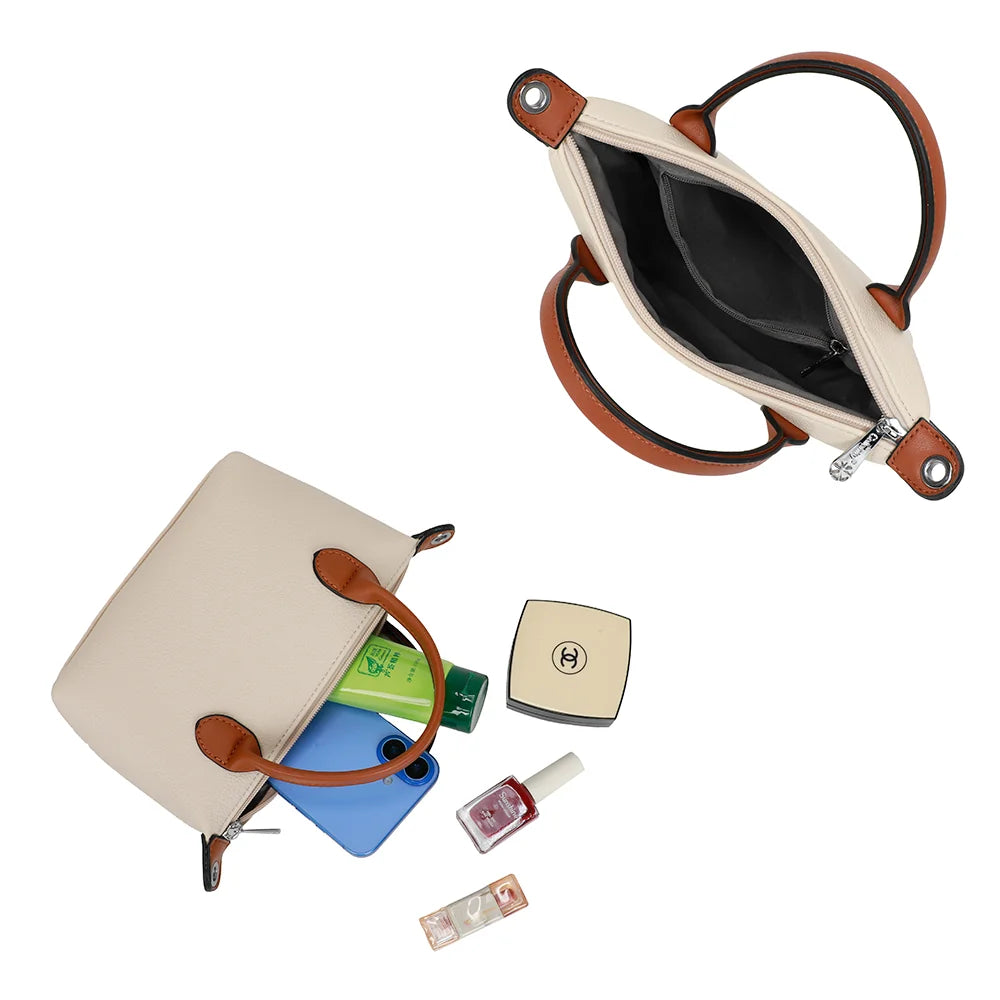La Minette beige ouverte : compartiment zippé pour téléphone, clés, petit portefeuille et rouge à lèvres – réf. A-9112
