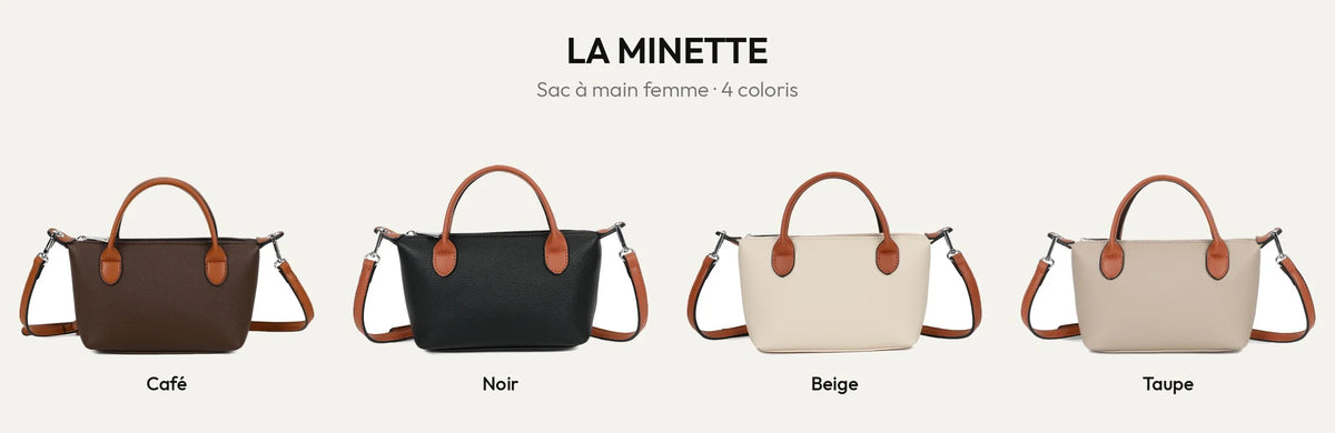 Petit sac à main femme La Minette en simili cuir grainé, coloris Coffee, Noir, Beige et Taupe – Gallantry Paris – réf. A-9112