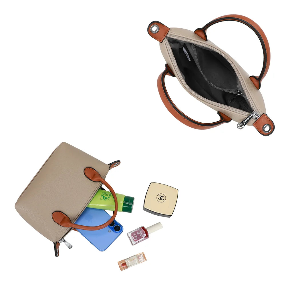 La Minette taupe ouverte : compartiment zippé pour téléphone, clés, petit portefeuille et rouge à lèvres – réf. A-9112