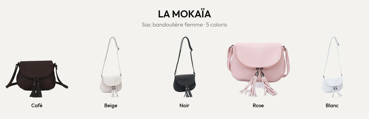 Sac bandoulière femme La Mokaïa en simili cuir grainé vegan, 5 coloris : Coffee, Beige, Noir, Rose et Blanc – Gallantry Paris – réf. HJ-7058-A