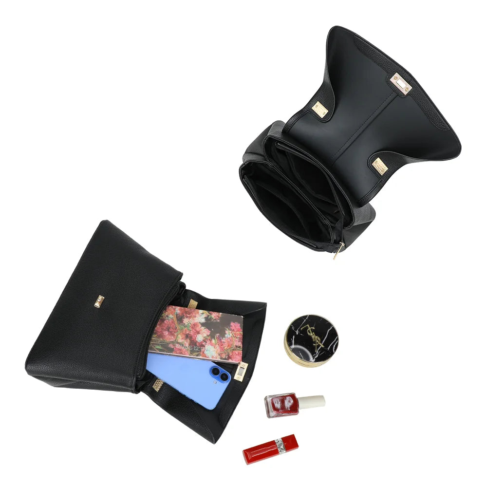 Intérieur du La Monna noir : plusieurs compartiments pour téléphone, maquillage et essentiels – réf. R-2057