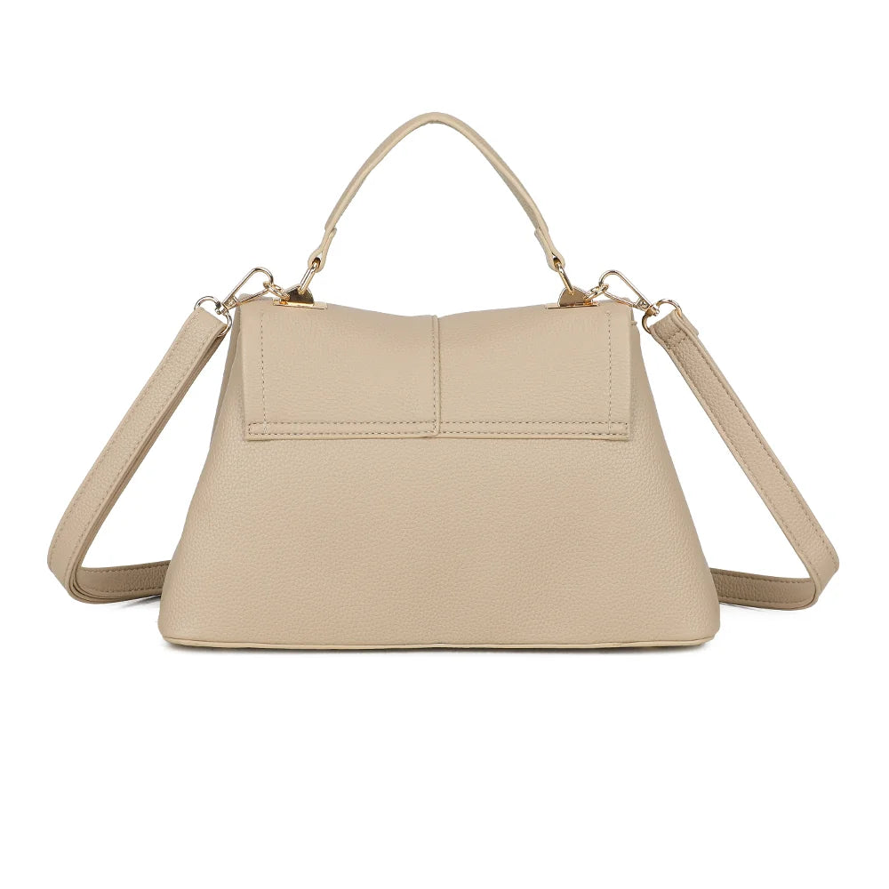 Dos du sac La Monna taupe, simili cuir grainé et lignes épurées, accastillage doré – réf. R-2057