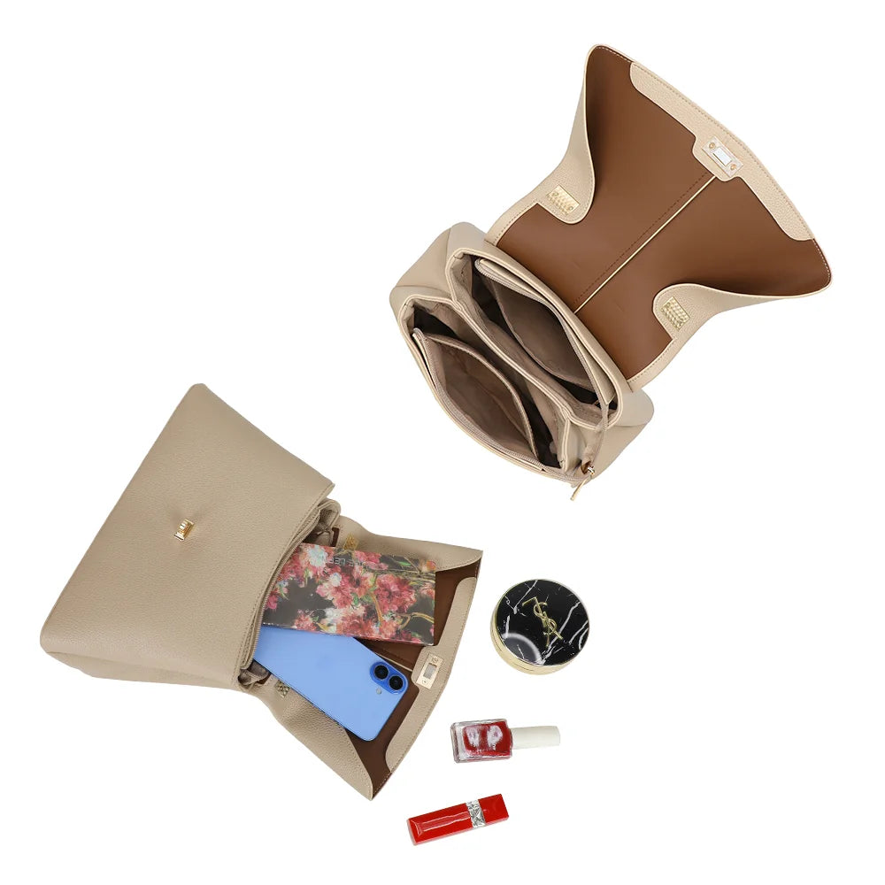 Intérieur du La Monna taupe : plusieurs compartiments pour téléphone, maquillage et essentiels – réf. R-2057