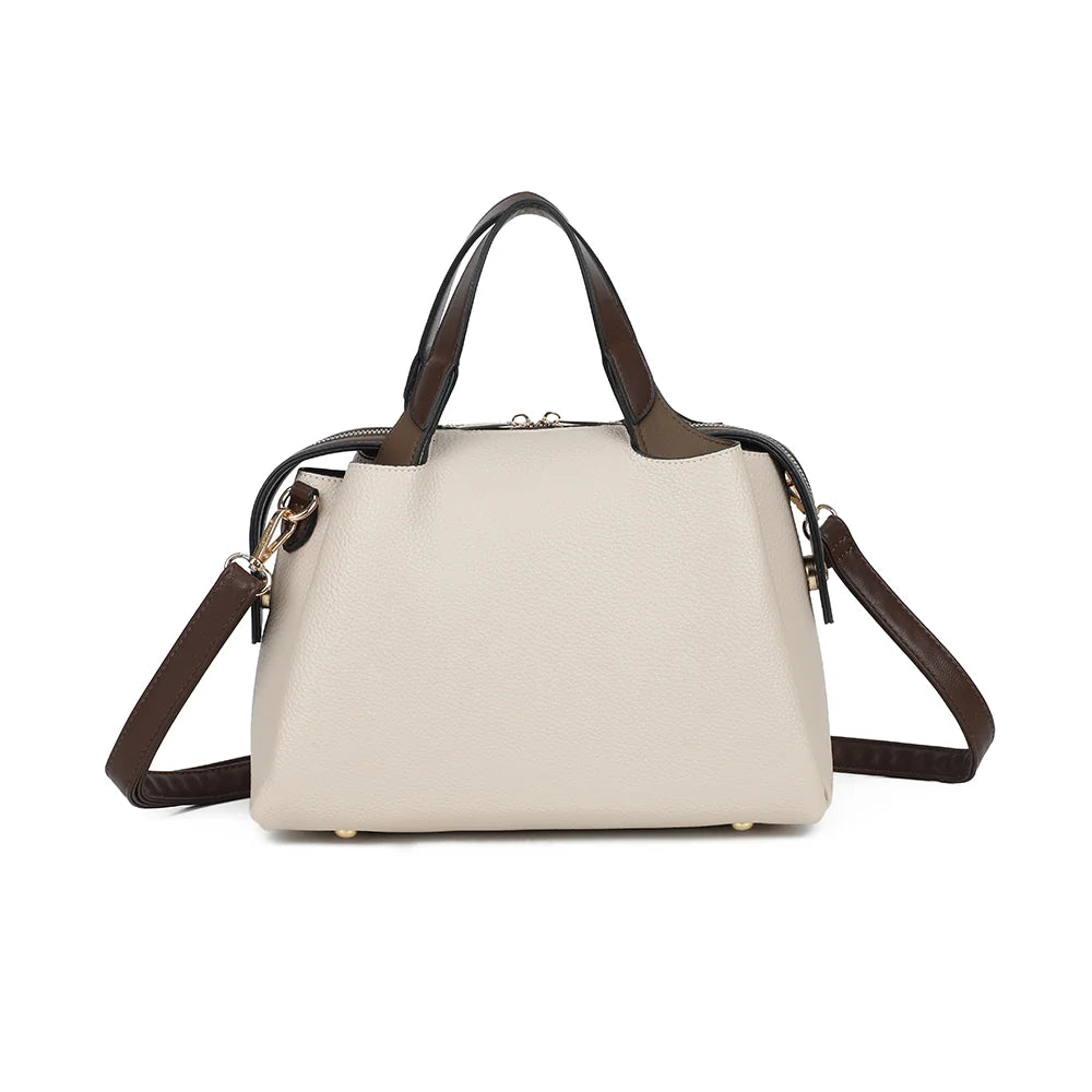 Sac à main femme La Montaigne beige/coffee en simili cuir grainé, anses contrastées – Gallantry Paris – réf. M-9458-1