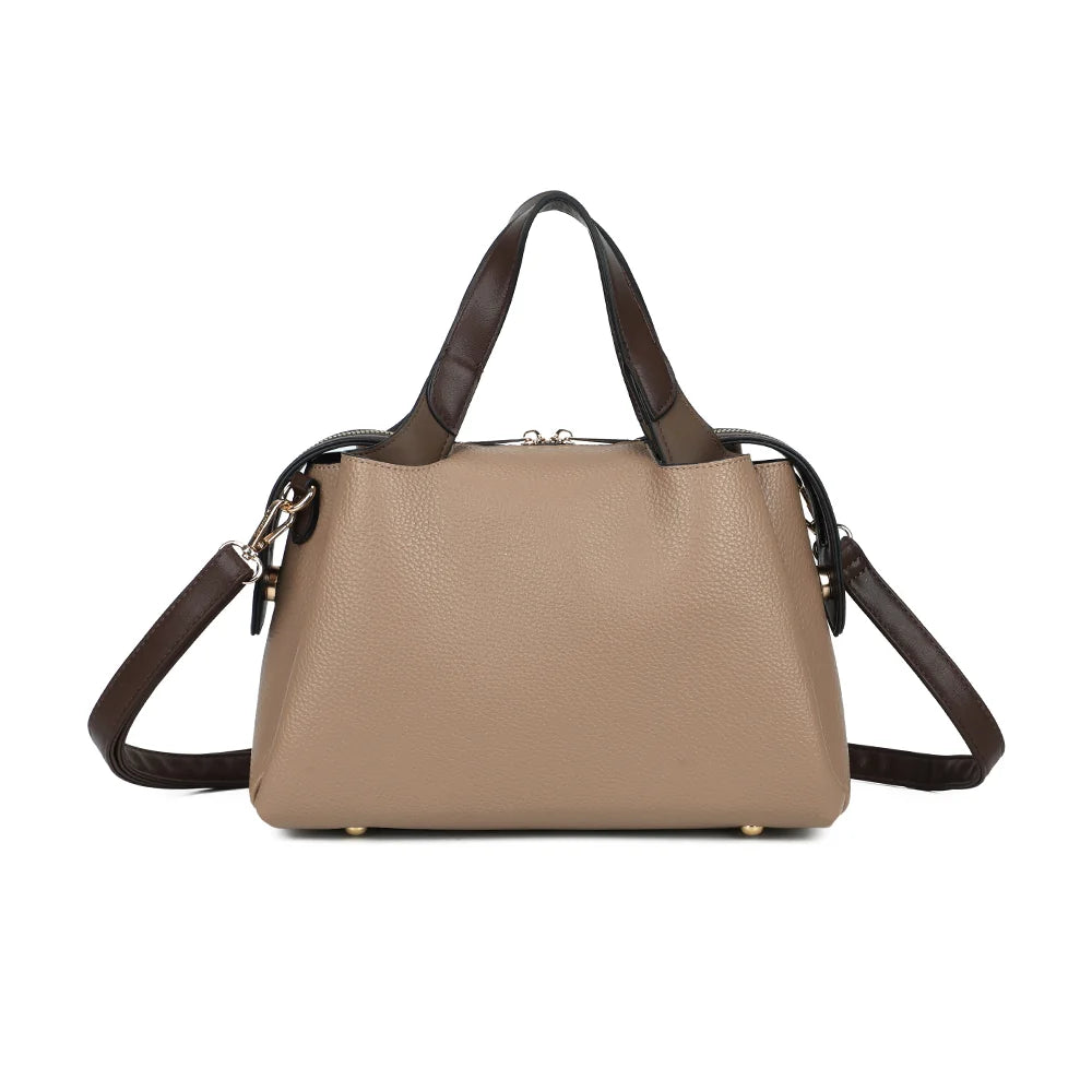 Sac à main femme La Montaigne taupe foncé en simili cuir grainé, anses contrastées – Gallantry Paris – réf. M-9458-1