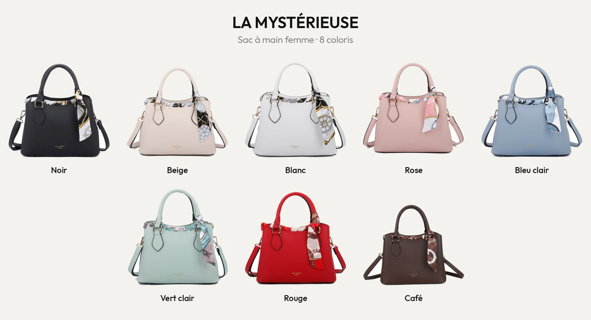 Sac à main femme La Mystérieuse en 8 coloris : Noir, Beige, Blanc, Rose, Bleu Clair, Vert Clair, Rouge et Coffee – Gallantry Paris – réf. DQ-8629