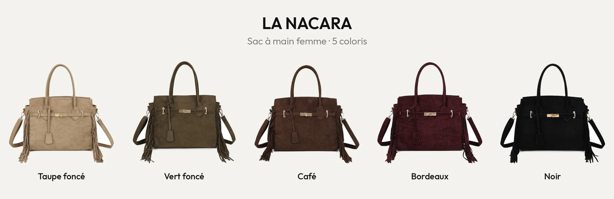 Sac à main femme La Nacara à franges en 5 coloris : D.TAUPE, Vert Foncé, Coffee, Bordeaux et Noir – Gallantry Paris – réf. KJ-62102