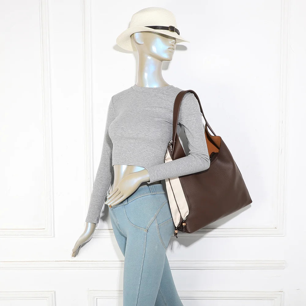 Sac femme La Nérélie café porté à l’épaule : un grand format souple et élégant au quotidien – réf. R-2053