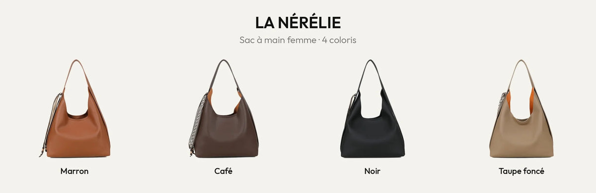 Sac à main femme La Nérélie en simili cuir grainé, 4 coloris : marron, coffee, noir et taupe foncé – Gallantry Paris – réf. R-2053