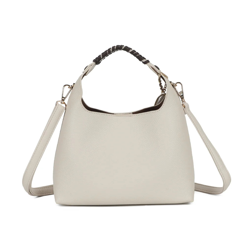 Dos du sac La Novelle beige : simili cuir grainé uni et poignée à détail tressé – réf. R-2066