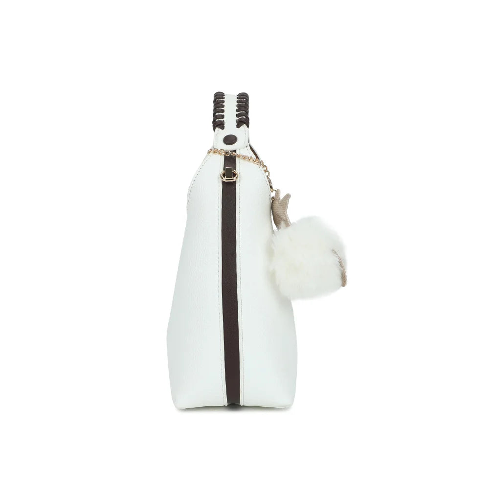 Profil du sac La Novelle blanc : format compact de 10 cm de profondeur et attache dorée – réf. R-2066