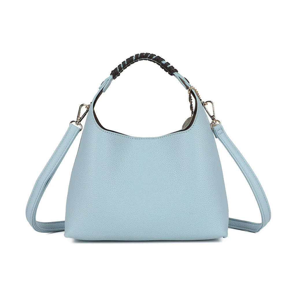 Dos du sac La Novelle bleu clair : simili cuir grainé uni et poignée à détail tressé – réf. R-2066