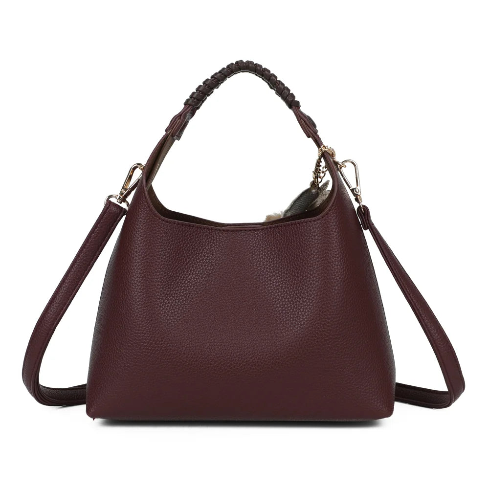 Dos du sac La Novelle bordeaux : simili cuir grainé uni et poignée à détail tressé – réf. R-2066