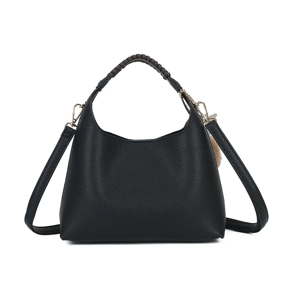 Dos du sac La Novelle noir : simili cuir grainé uni et poignée à détail tressé – réf. R-2066