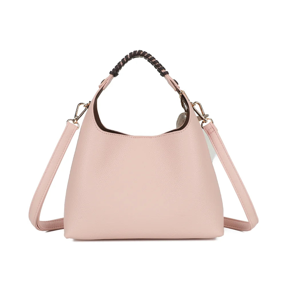 Dos du sac La Novelle rose : simili cuir grainé uni et poignée à détail tressé – réf. R-2066