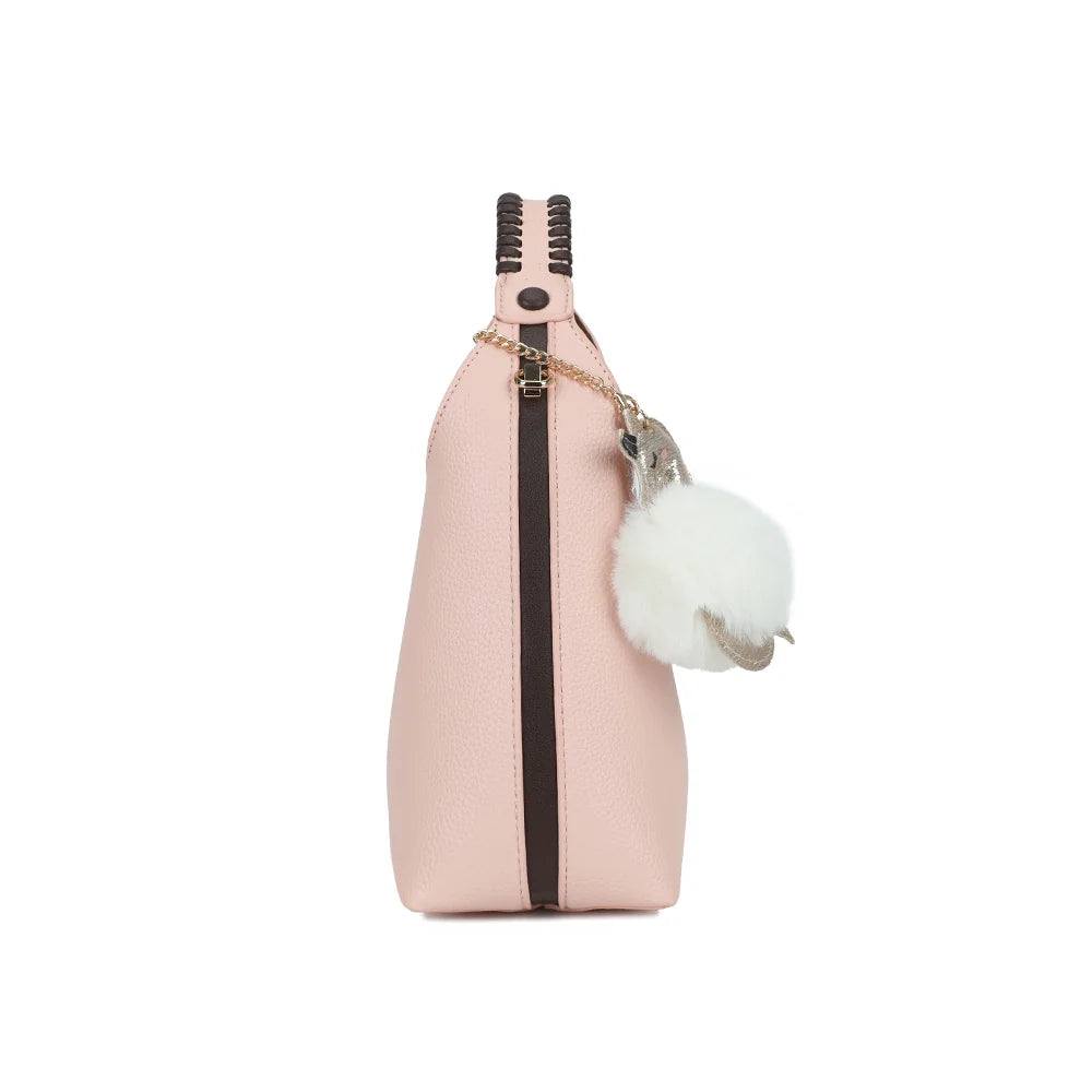 Profil du sac La Novelle rose : format compact de 10 cm de profondeur et attache dorée – réf. R-2066