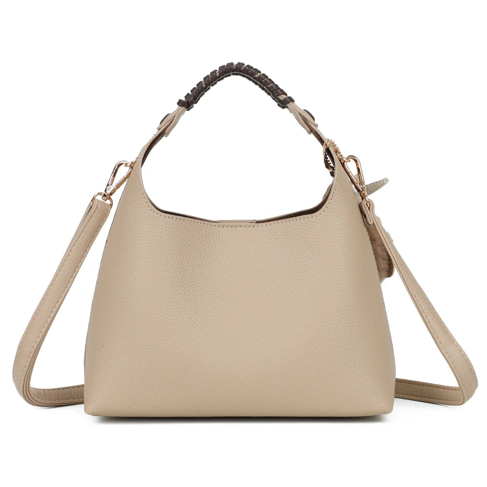 Dos du sac La Novelle taupe/coffee : simili cuir grainé uni et poignée à détail tressé – réf. R-2066