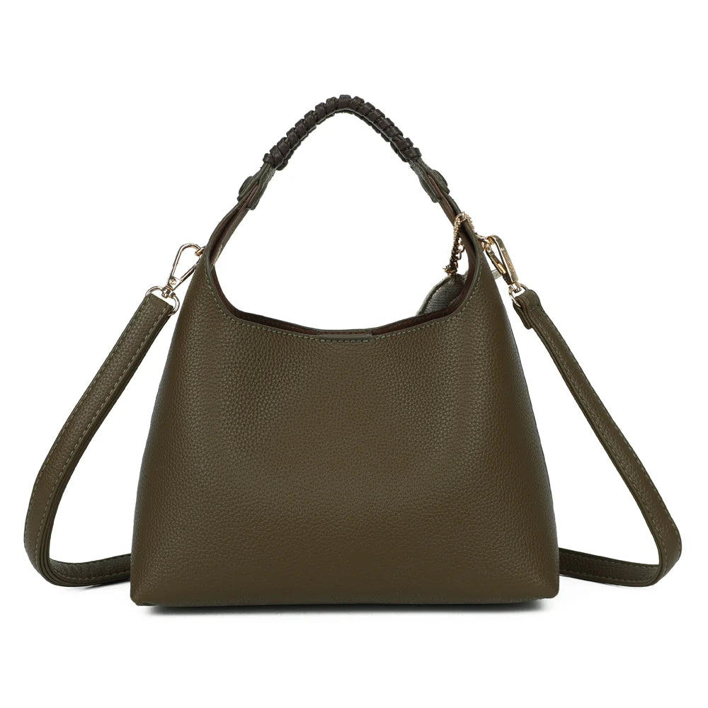 Dos du sac La Novelle vert foncé : simili cuir grainé uni et poignée à détail tressé – réf. R-2066