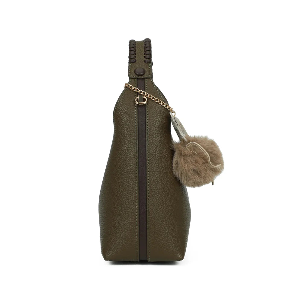 Profil du sac La Novelle vert foncé : format compact de 10 cm de profondeur et attache dorée – réf. R-2066