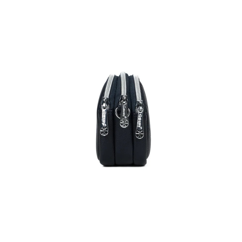Profil du La Nox bleu foncé : trois compartiments zippés dans seulement 6 cm de profondeur – réf. SF-8657