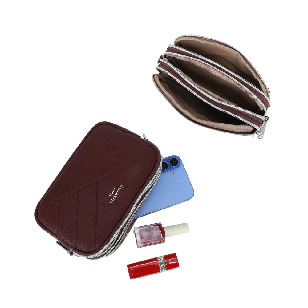 Intérieur du La Nox bordeaux : trois compartiments zippés pour téléphone, rouge à lèvres et vernis – réf. SF-8657