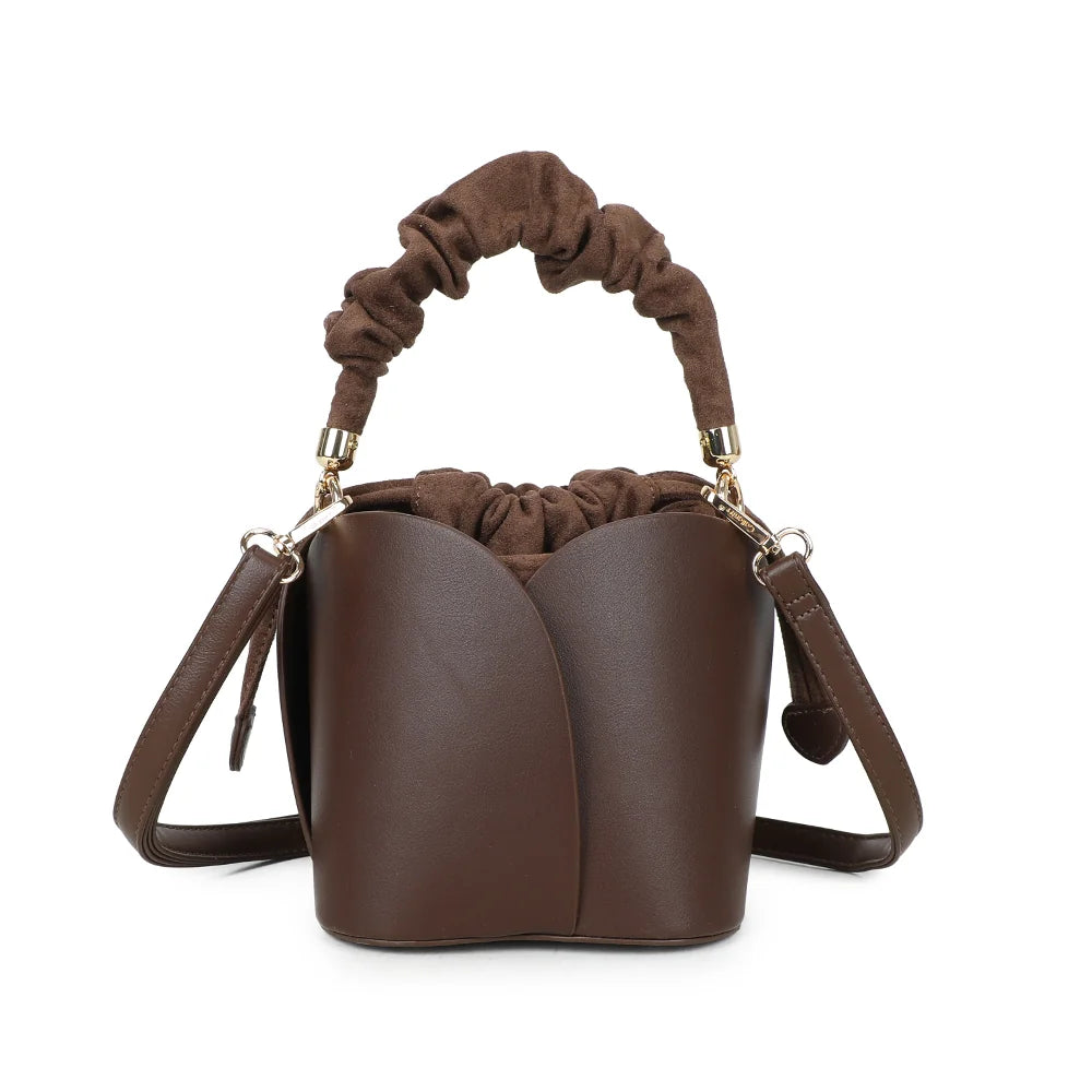 Dos du sac La Nuvia café, panneaux arrondis superposés et poignée froncée en tissu – réf. DQ-8727