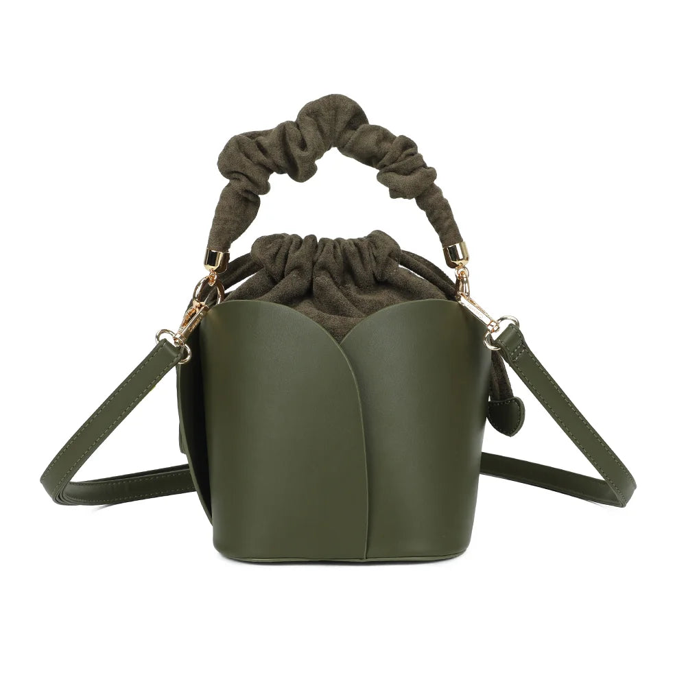 Dos du sac La Nuvia vert foncé, panneaux arrondis superposés et poignée froncée en tissu – réf. DQ-8727