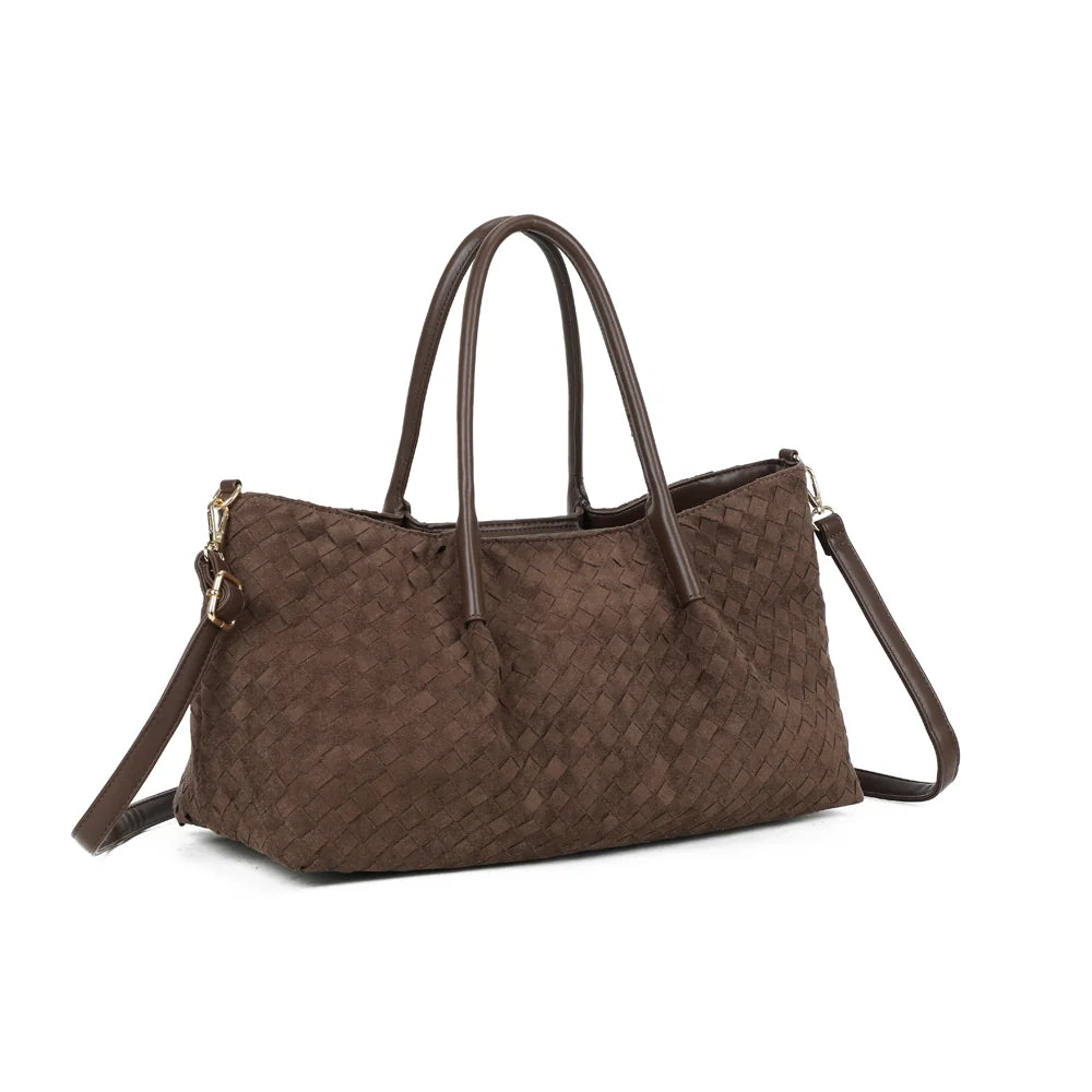 La Olyane café de trois-quarts : silhouette souple et effet tressé qui habille tout le sac – réf. A-9140-2