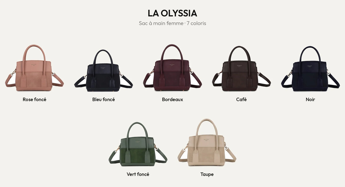 Sac à main La Olyssia en 7 coloris : rose foncé, bleu foncé, bordeaux, coffee, noir, vert foncé et taupe – Gallantry Paris – réf. R-2077