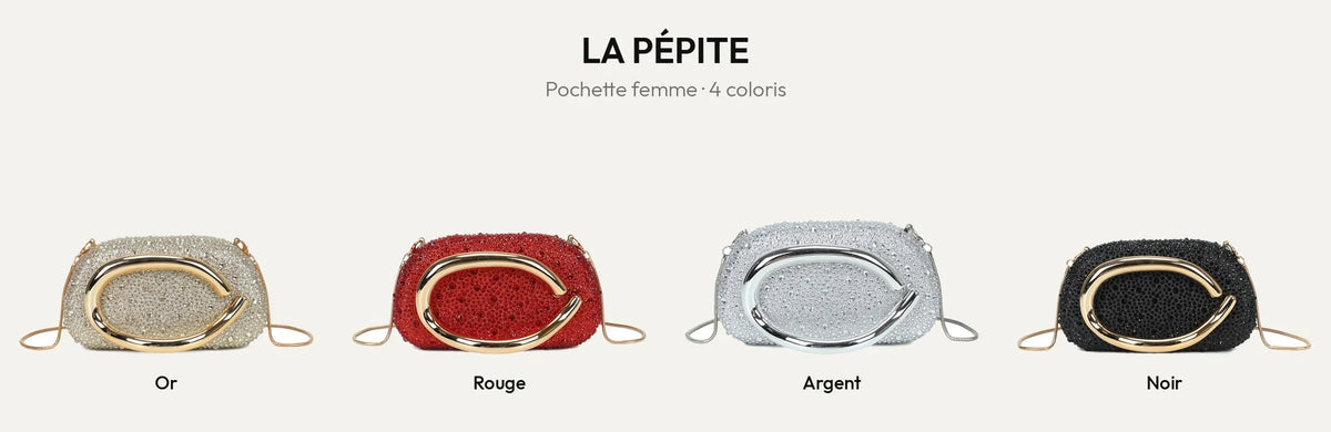 La Pépite, pochette de soirée femme à strass en coloris Or, Rouge, Argent et Noir – Gallantry Paris – réf. HR-92009-3