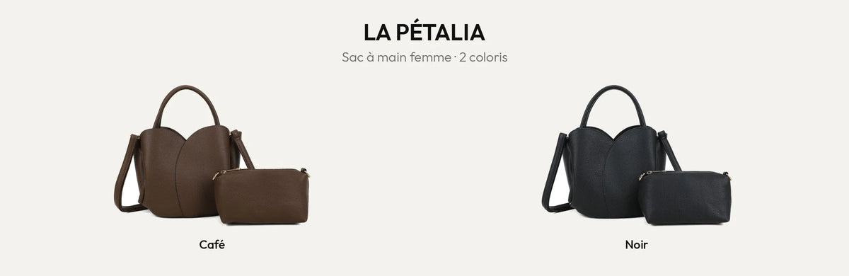 Sac à main La Pétalia en simili cuir grainé, coloris Coffee et Noir – Gallantry Paris – réf. DQ-8723