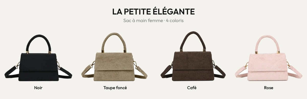 La Petite Élégante, petit sac à main femme en suédine, en coloris Noir, Taupe foncé, Coffee et Rose – Gallantry Paris – réf. HY-5406-5