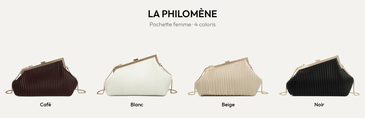 Pochette de soirée plissée La Philomène en coloris Coffee, Blanc, Beige et Noir – Gallantry Paris – réf. R-1705