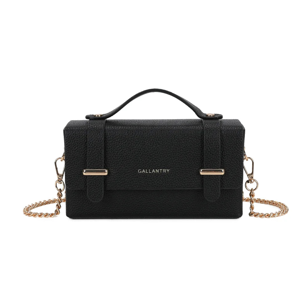 Sac à main femme La Pomone en noir, simili cuir grainé, pattes à barrettes dorées et logo – Gallantry Paris – réf. MW-24001-1