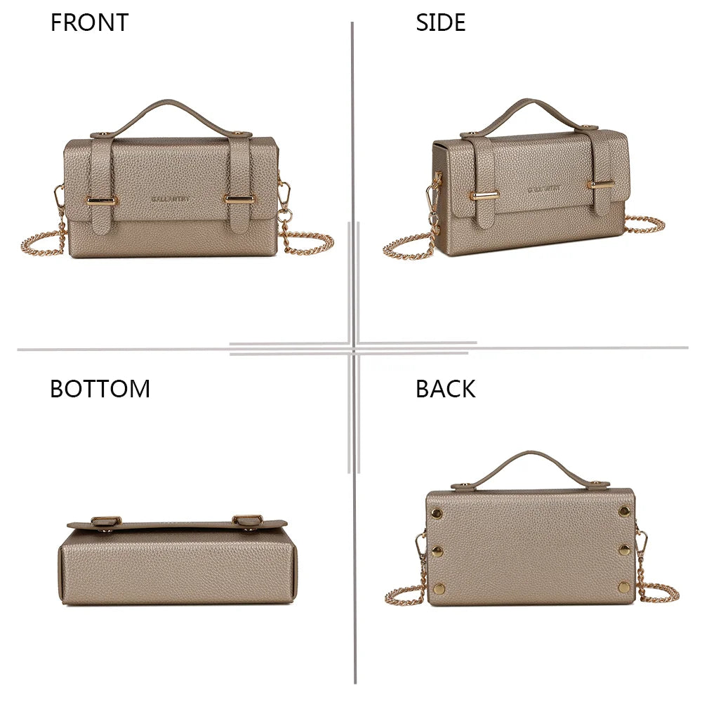 La Pomone en champagne sous tous les angles : face, côté, dessous et dos de ce petit sac boîte – réf. MW-24001-1