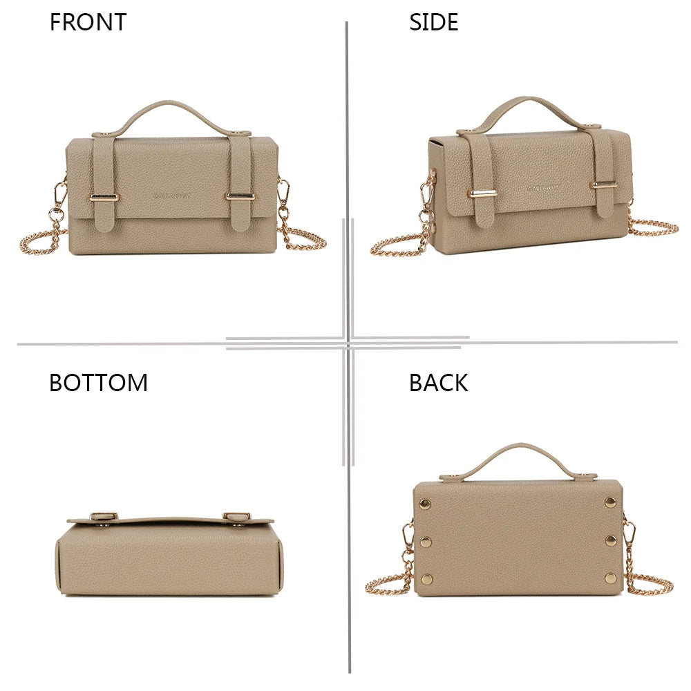 La Pomone en taupe sous tous les angles : face, côté, dessous et dos de ce petit sac boîte – réf. MW-24001-1