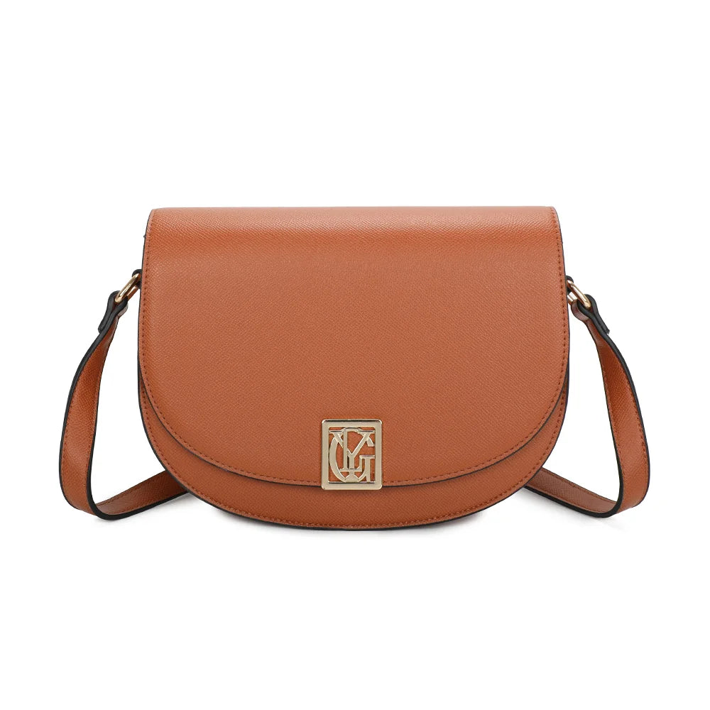 Sac bandoulière femme La Raffinée camel, rabat demi-lune et logo G en métal doré – Gallantry Paris – réf. R-1961