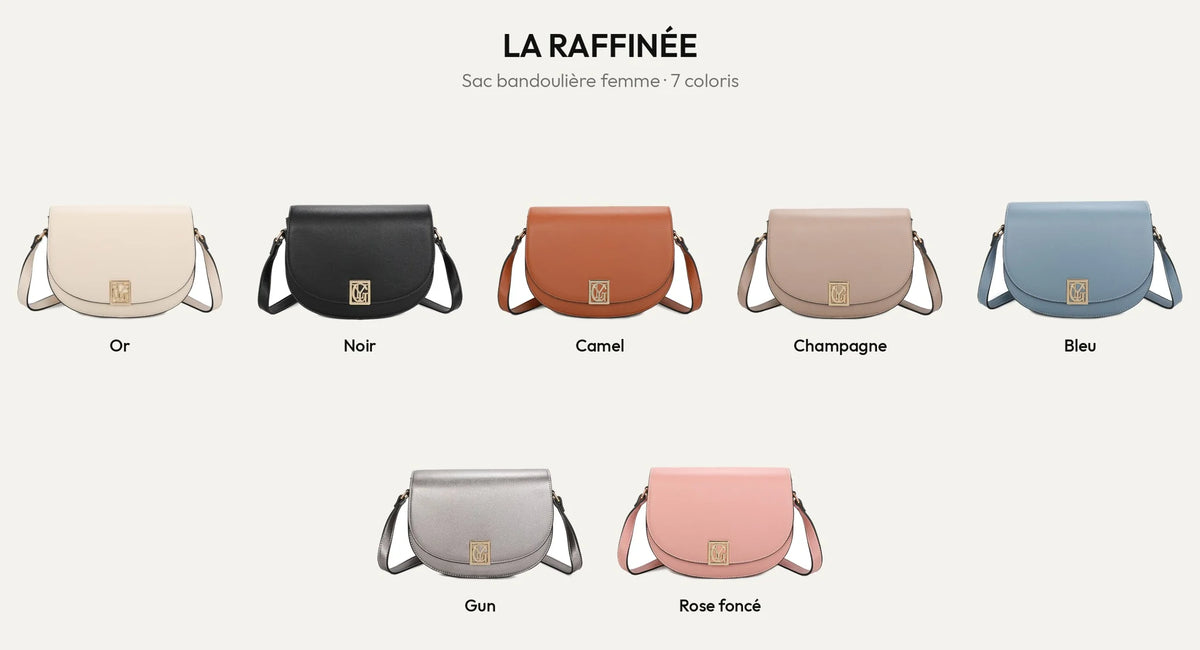 Sac bandoulière femme La Raffinée en 7 coloris : Or, Noir, Camel, Champagne, Bleu, Gun et Rose foncé – Gallantry Paris – réf. R-1961