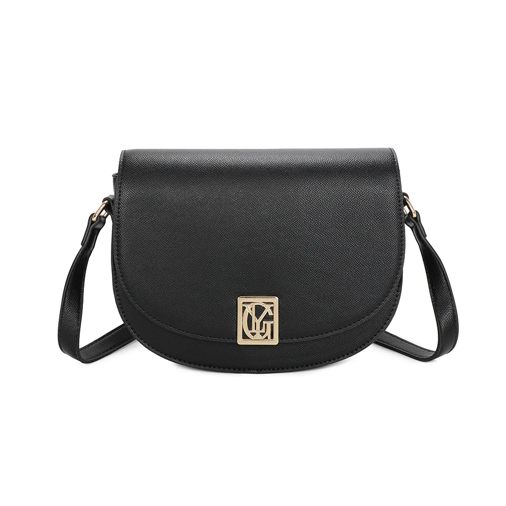 Sac bandoulière femme La Raffinée noir, rabat demi-lune et logo G en métal doré – Gallantry Paris – réf. R-1961