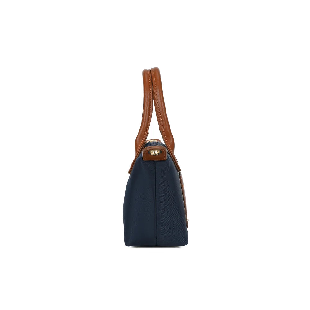 Profil de La Romane bleu foncé : 9 cm de profondeur et patte latérale cognac à attache dorée – réf. Z-05-6