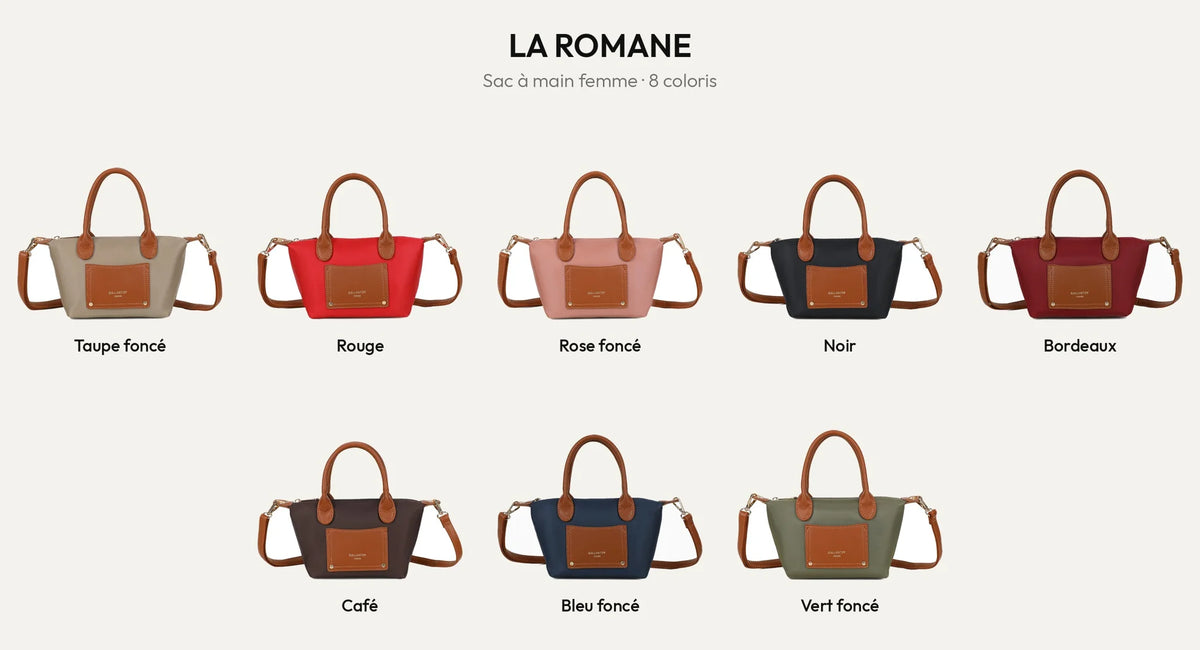 La Romane, petit sac à main femme en 8 coloris : D.TAUPE, Rouge, Rose foncé, Noir, Bordeaux, Coffee, Bleu Foncé, Vert Foncé – Gallantry Paris – réf. Z-05-6