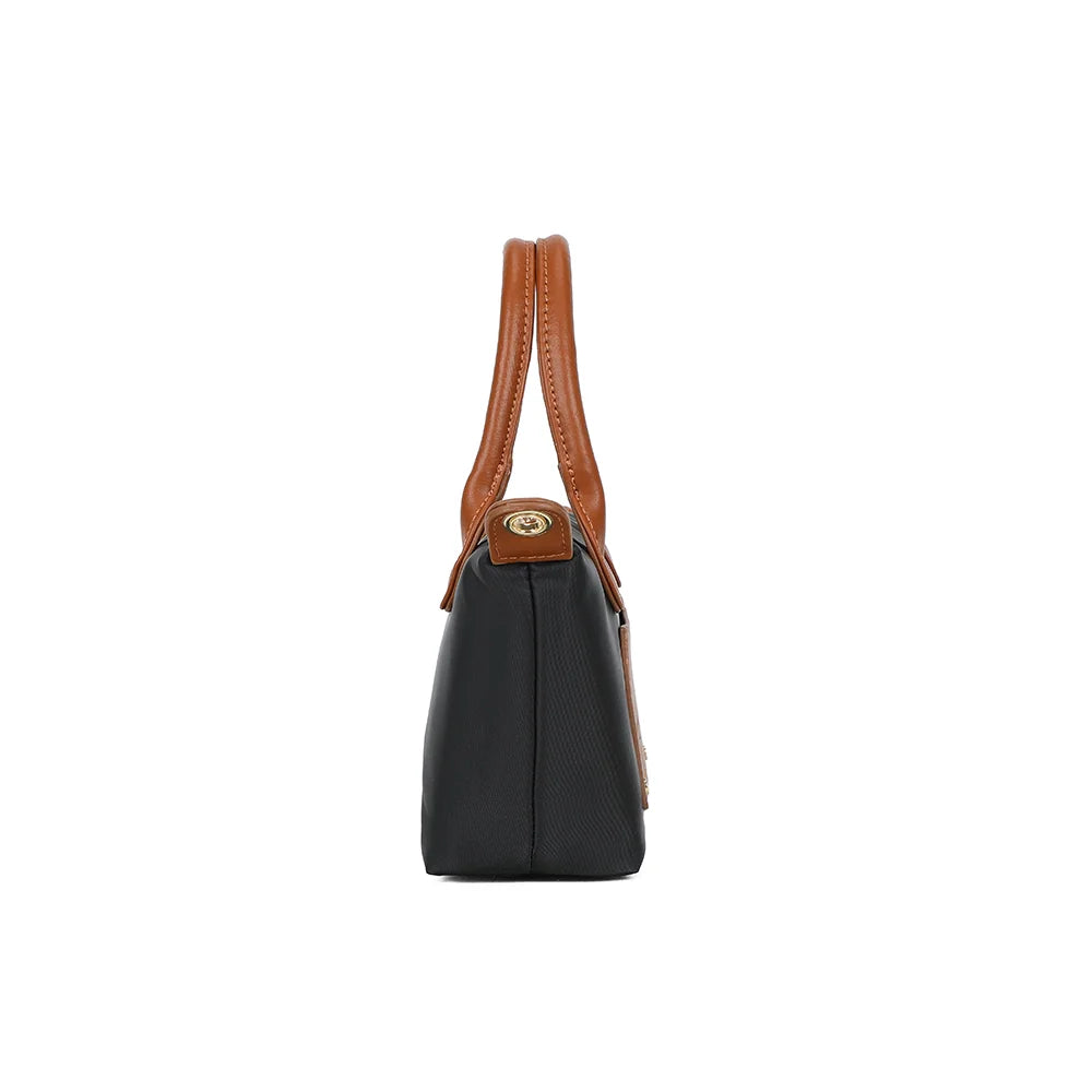 Profil de La Romane noir : 9 cm de profondeur et patte latérale cognac à attache dorée – réf. Z-05-6