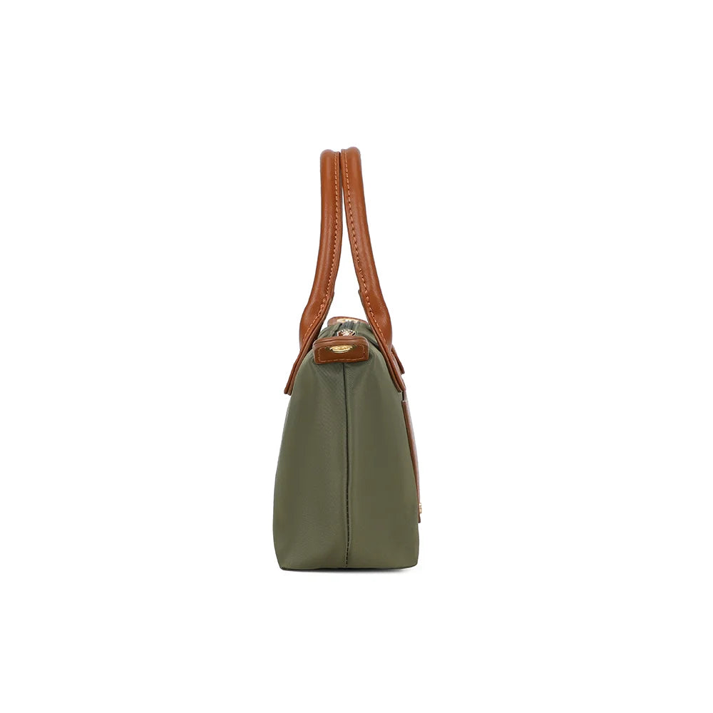 Profil de La Romane vert foncé : 9 cm de profondeur et patte latérale cognac à attache dorée – réf. Z-05-6
